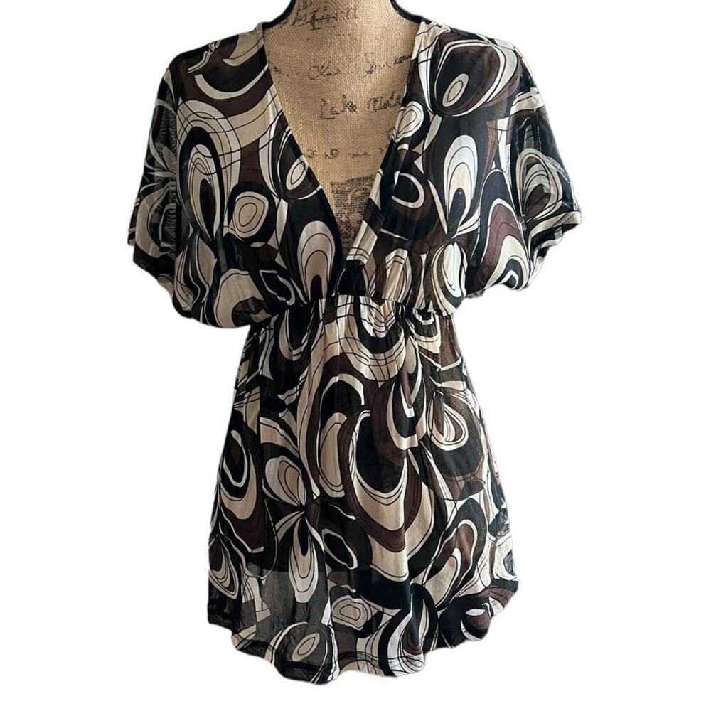Vintage Y2K New York & Company Abstract Babydoll Blouse M Brown Black Mesh Top